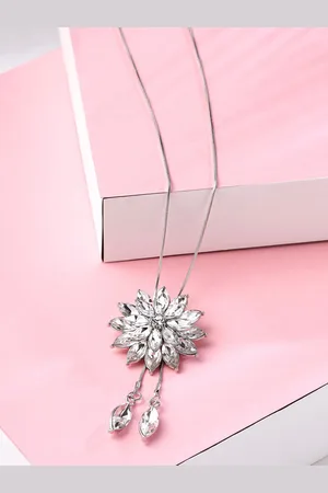 Yellow Chimes Women Silver-Toned & White Crystal Long Chain Pendant Necklace