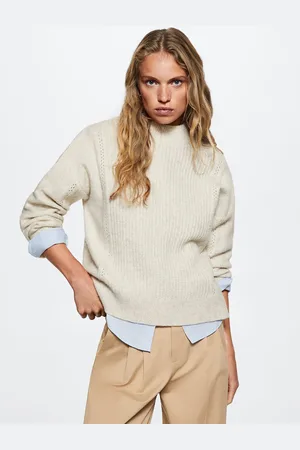 MANGO Women Off White Ribbed Sustainable Pullover