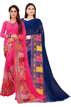 Kalini Magenta & Navy Blue Floral Printed Pure Georgette Saree Pack Of 2