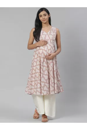 anayna Women Beige & White Printed Anarkali Maternity Kurta