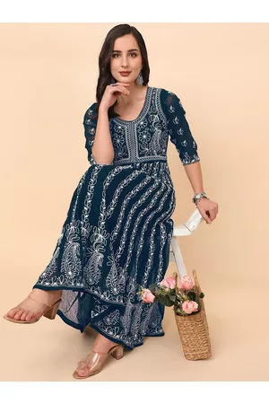 HERE&NOW HERENOW Women Chikankari Embroidered Thread Work Georgette Anarkali Kurta
