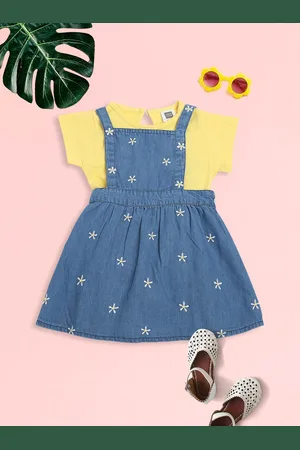 MeeMee Girls Blue & Yellow Embellished Cotton Pinafore Dress