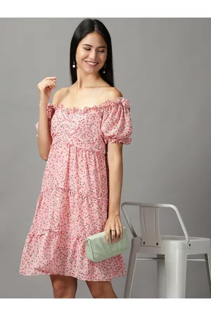 SHOWOFF Women Pink Floral Off-Shoulder Layered Empire Dress