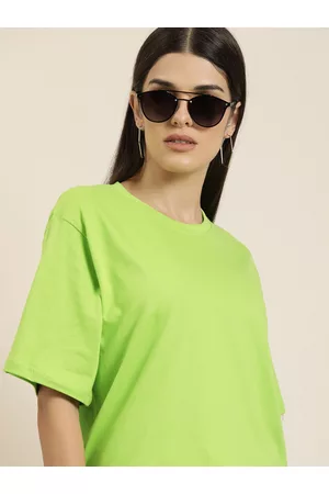 Difference of Opinion Women Green Solid Pure Cotton Oversized T-shirt