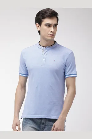 Celio Men Blue Solid Mandarin Collar Pure Cotton T-shirt