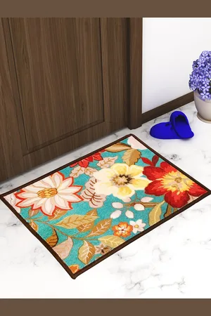 Athom Trendz Set Of 2 Green & Brown Floral Printed Premium Anti-Skid Doormats