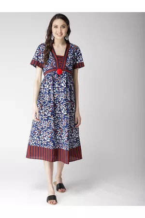Antheaa Women Navy Blue & White Printed A-Line Dress