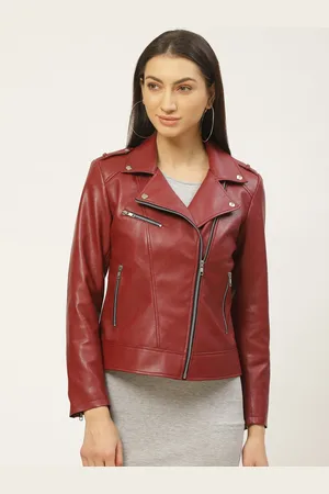 Leather Retail Women Maroon Solid Lightweight Biker Jacket