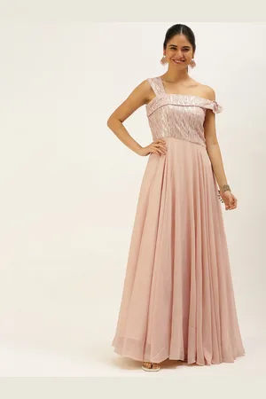 Ethnovog Peach-Coloured Sequinned One Shoulder Georgette Maxi Dress