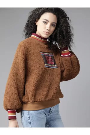 Roadster Women Sweatshirts - Women Brown Sherpa Detail Sweatshirt