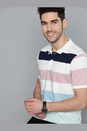 Mast & Harbour Men White & Blue Pure Cotton Striped Polo Collar T-shirt