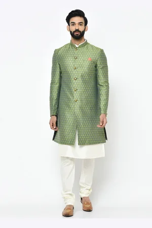 KISAH Men White & Green Woven Design Indowestern Sherwani Set