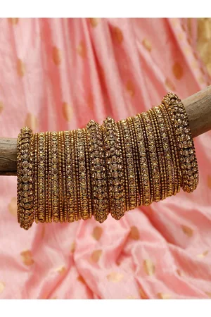 Shining Diva Set Of 28 Gold-Plated Gold-Colored Crystal-Studded Antique Bangle