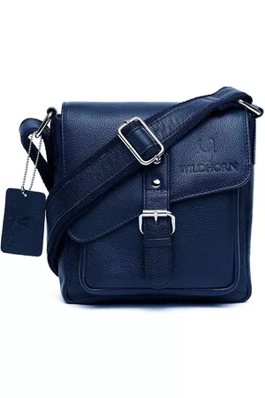WildHorn Men Blue Textured Leather Sling Messenger Bag