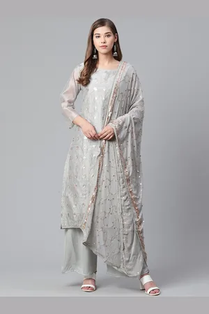 Ishin Women Grey Embroidered Kurta with Palazzos & Dupatta
