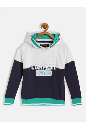 METRO KIDS COMPANY Boys Navy Blue & Off-White Cotton Colourblocked Hooded Sweatshirt