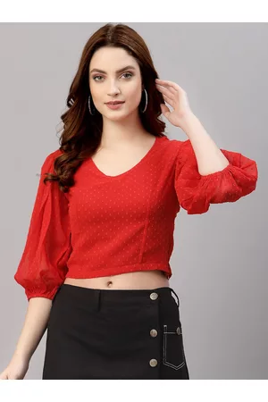 NEUDIS Women Red Chiffon Self Design Puff Sleeves Blouson Crop Top