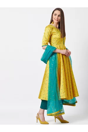 PANIT Women Yellow Pleated Thread Work Kurta with Palazzos & With Dupatta