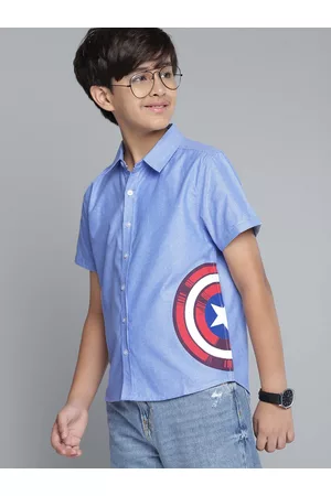 YK Boys Blue & Red Regular Fit Avengers Captain America Print Casual Shirt