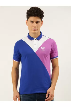 Peter England Men Blue & White Colourblocked Polo Collar Slim Fit T-shirt
