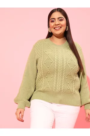 CURVY STREET Plus Size Women Green Cable Knit Acrylic Pullover