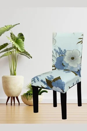 House Of Quirk Set Of 4 White & Blue Printed Non-Slip Removable Chair Covers