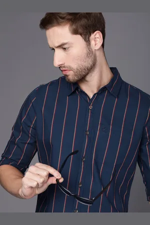 WROGN Men Navy Blue Slim Fit Vertical Stripes Opaque Pure Cotton Casual Shirt with Pocket