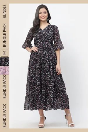 MISS AYSE Black & Pink Floral Georgette Ethnic Maxi Dress Pack of 2
