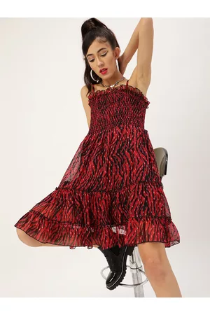 Antheaa Women Red & Black Animal Printed Fit and Flare Smocked Dress