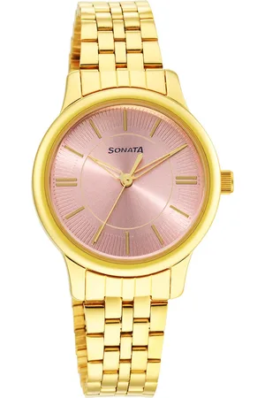Sonata Women Beige Brass Dial & Gold Toned Stainless Steel Bracelet Style Straps Analogue Watch