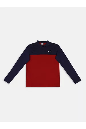 PUMA Kids Red & Blue Colourblocked Longsleeve Youth Polo Collar Cotton Regular Fit T-shirt
