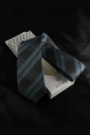 KOVOVE Men Grey & Blue Checkered Pocket Square