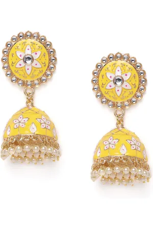 Kord Store Yellow & White Gold Plated Meenakari Dome Shaped Jhumkas