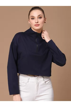 KASSUALLY Women Navy Blue Loose Boxy Fit High Neck Cotton Sweatshirt