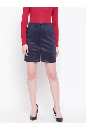 marie claire Women Navy Blue Solid A-Line Skirt With Suede Finish