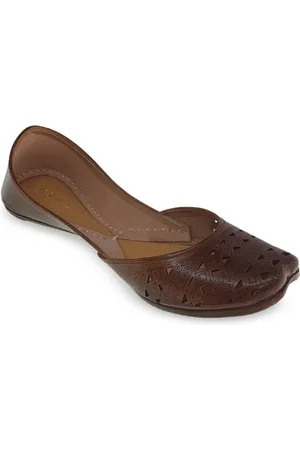 Fulkari Women Tan Mojaris with Laser Cuts Flats