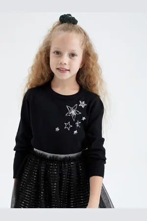 DeFacto Girls Black & Silver-Toned Cotton Pullover with Embellished Detail