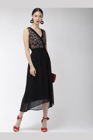 Antheaa Black Embroidered Wrap Detail Party Dress