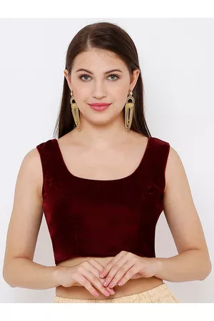 SALWAR STUDIO Women Maroon Solid Velvet Readymade Saree Blouse