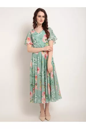 Rare Fashion Green Floral Printed Fit and Flare Dress
