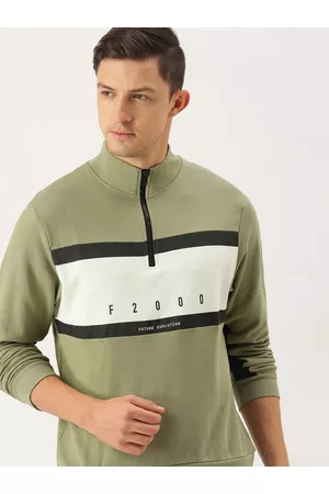 Flying Machine Men Olive Green Colourblocked Pure Cotton Pullover Sweatshirt