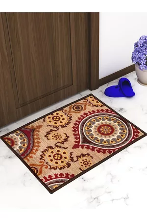 Athom Trendz Set Of 2 Maroon & Beige-Coloured Printed Anti-Skid Doormats