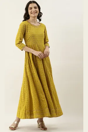 SWAGG INDIA Mustard Yellow Ethnic Motifs Embroidered Georgette Ethnic Maxi Dress
