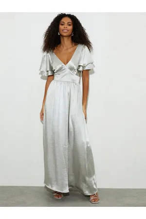 Dorothy Perkins Grey Satin Frill Sleeves Maxi Dress