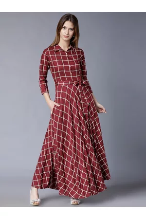 Vishudh Burgundy Checked Flared Belted Shirt Maxi Dress