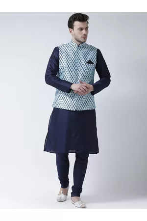 DEYANN Men Navy Blue Solid Kurta with Pyjamas & Nehru Jacket