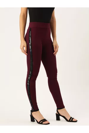 Antheaa Women Burgundy Sequinned Side Striped Skinny Fit Treggings