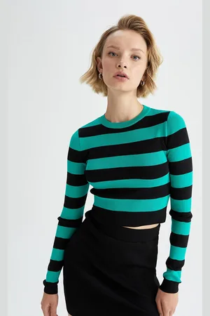 DeFacto Women Green & Black Striped Striped Crop Pullover