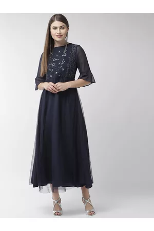 Antheaa Women Navy Blue Self-Design Net Maxi Dress