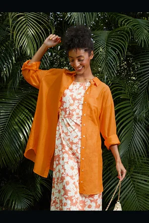 MANGO Women Orange Pure Cotton Solid Oversized Casual Shirt